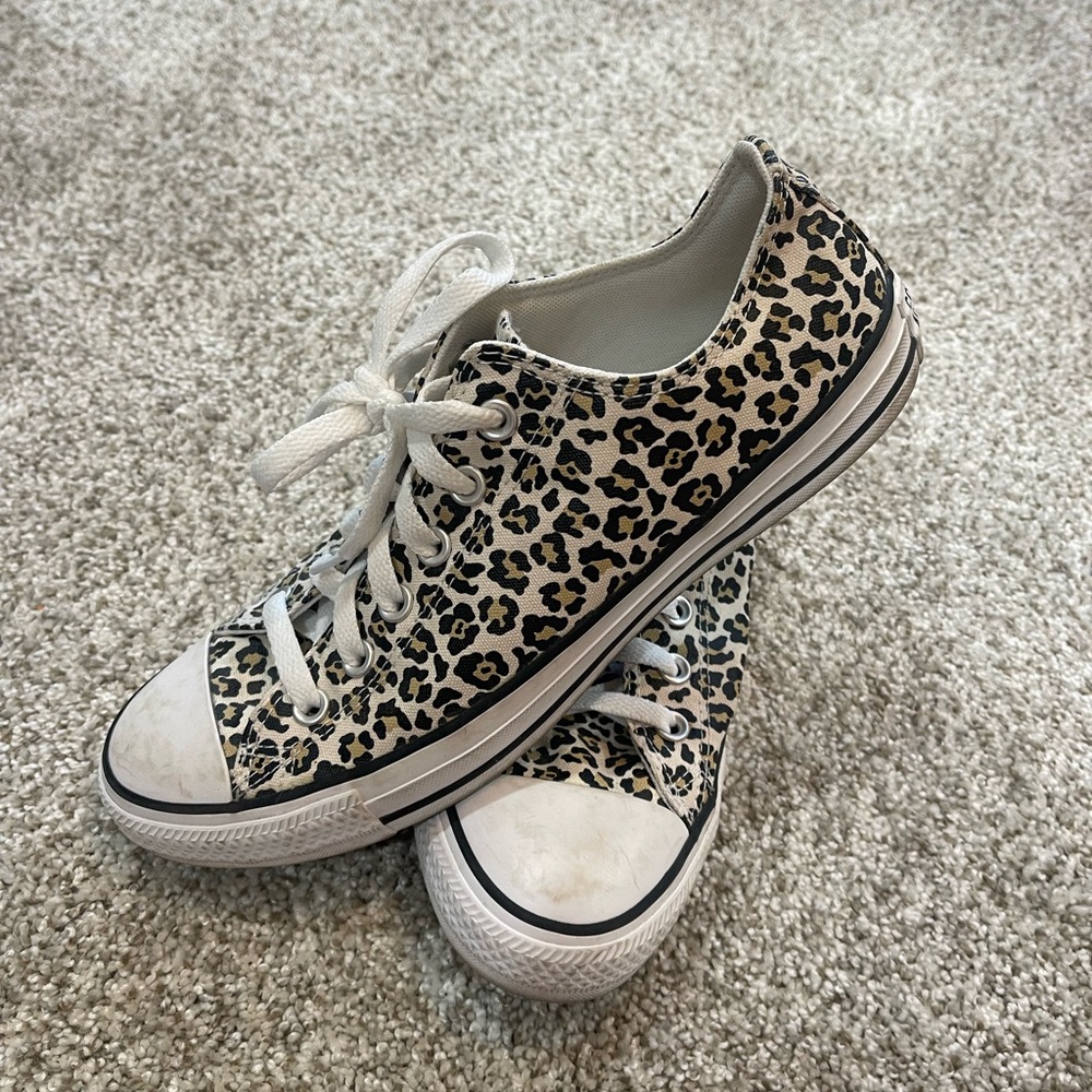 Converse Low Top Leopard Print Canvas Sneakers - White/Black/Tan